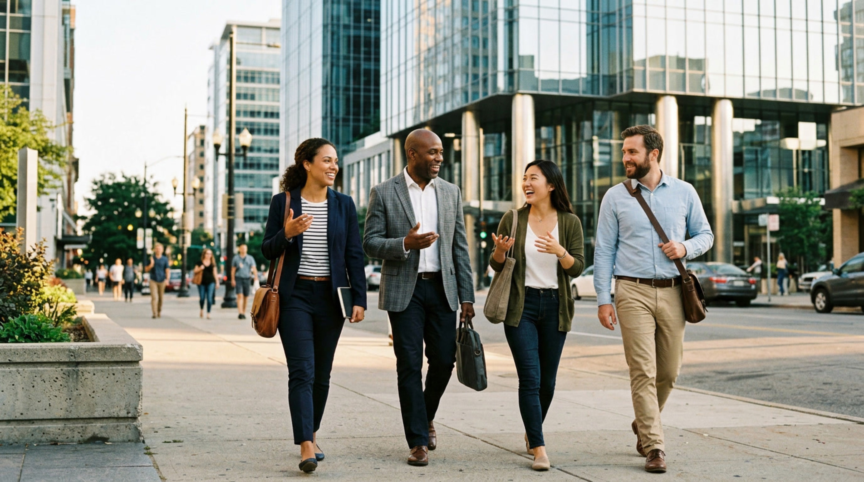 Business professionals walking together in an urban business district.